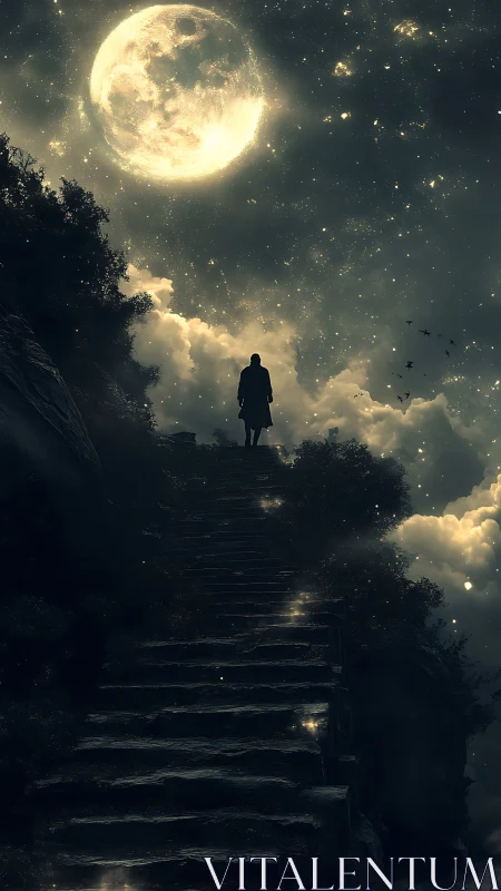 Silhouette stands atop worn stone steps under luminous moon