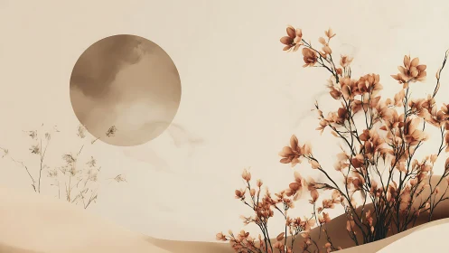 Minimalist floral art with sepia sun and delicate blossoms.