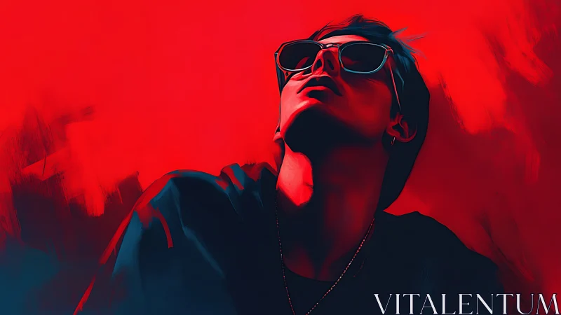 Cool red-lit portrait soaking in bold city-night vibes.