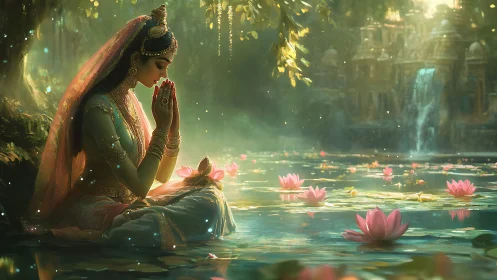 Lotus-lit prayer by an emerald goddess in misted watergarden.