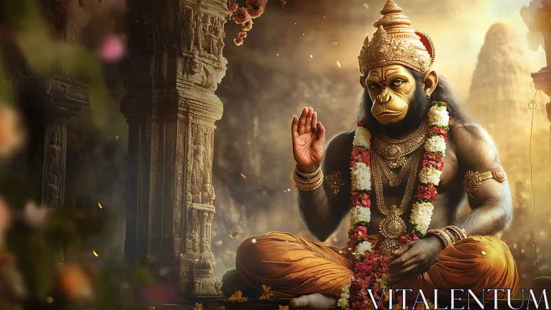 Digital painting depicts regal simian deity in ornate temple setting