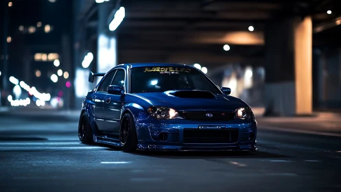 Midnight blue tuner car waits under city lights in style