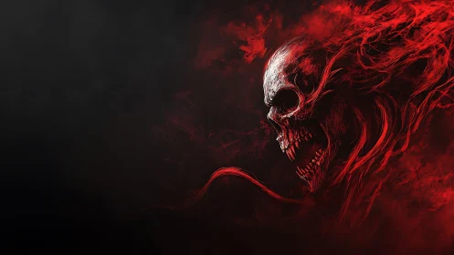 Red spectral skull in dark smoke with aggressive motion.