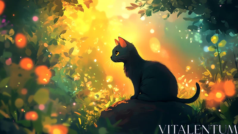 Black Cat Silhouette Surrounded by Luminous Autumn Glow