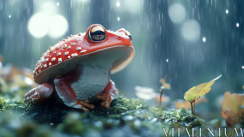 Macro-rendered red rainforest frog in volumetric rainfall.