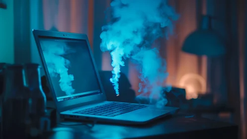 Blue vapor column emerging from laptop in moody cyber-lit room
