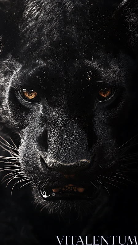 High-contrast black panther portrait displaying amber ocular luminescence and feathering texture