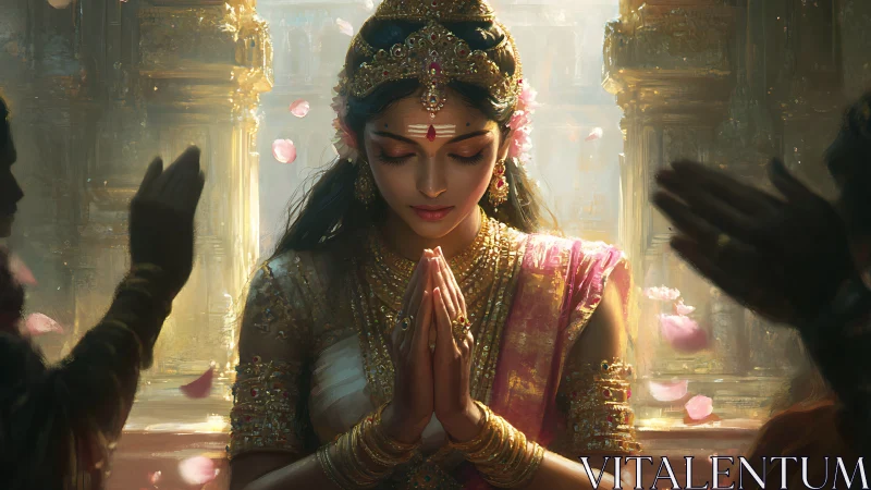 Devotional woman in temple with folded hands and petals.