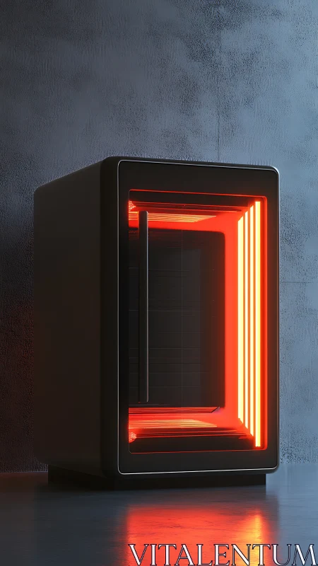 Minimalist black server tower glows with red interior light