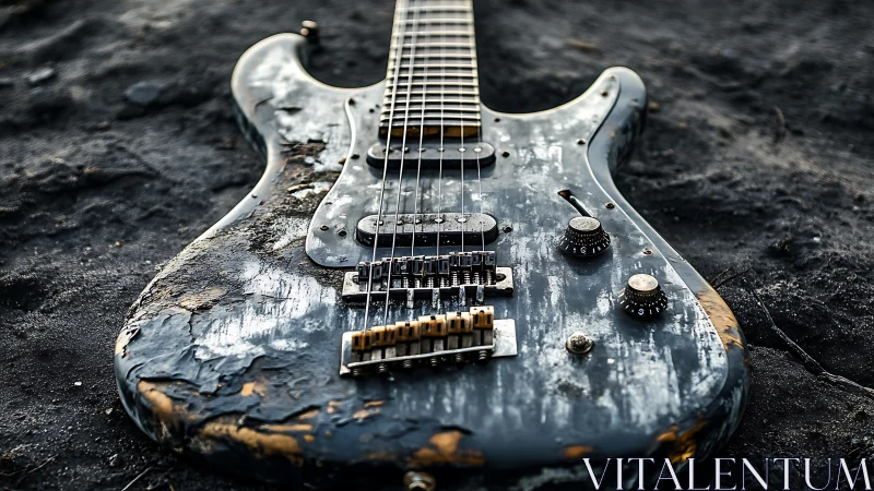Weathered electric guitar lies on dark, ashy ground in silence.
