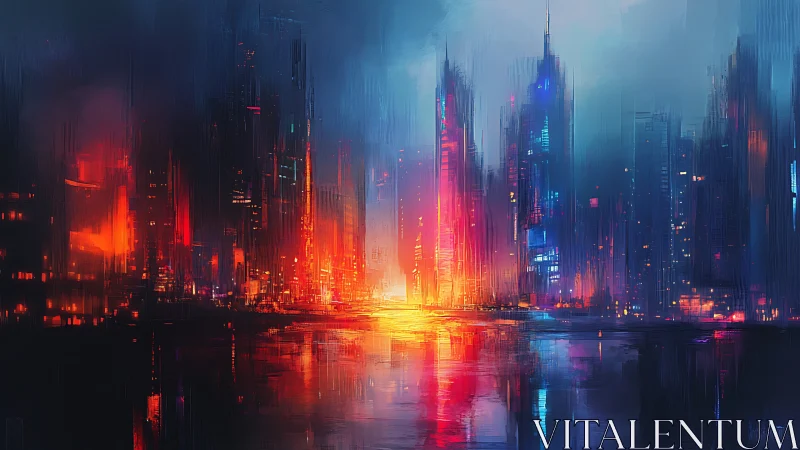 Neon skyline ignites a futuristic city at shimmering dusk.
