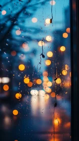 Cozy city lights glowing softly beyond a rainy window.