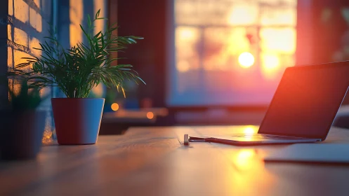 Laptop and potted plant on desk in warm sunset light.
