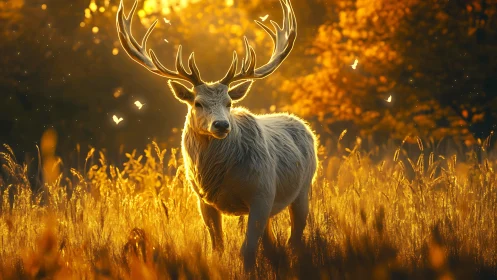 Backlit white stag in golden hour meadow with soft bokeh glow.