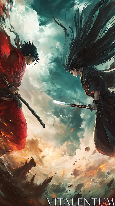 Sky-split duel between rival samurai over burning ruins.