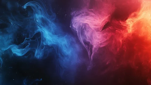 Cosmic dance of blue and red swirling nebula clouds.
