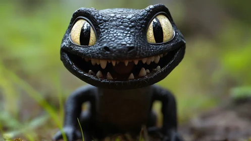 Smiling black cartoon reptile with large yellow eyes outdoors.