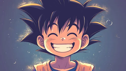 Smiling anime boy radiates joy in glowing portrait.