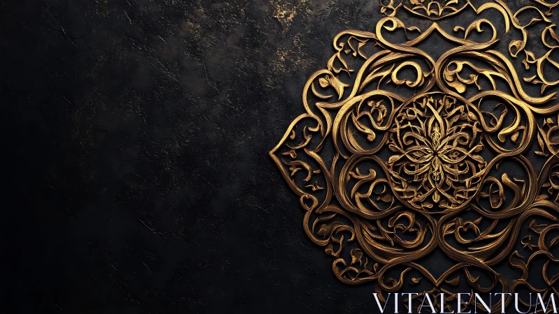 Ornate gold arabesque relief forms radial mandala on dark stone