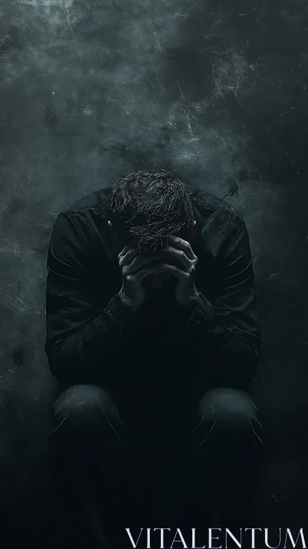 Dark portrait of man in despair against textured wall.