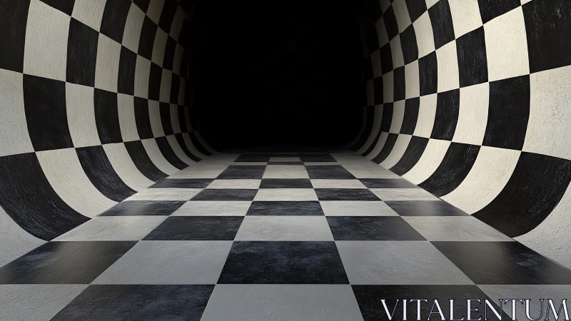 Curving checkerboard tunnel receding into deep darkness.