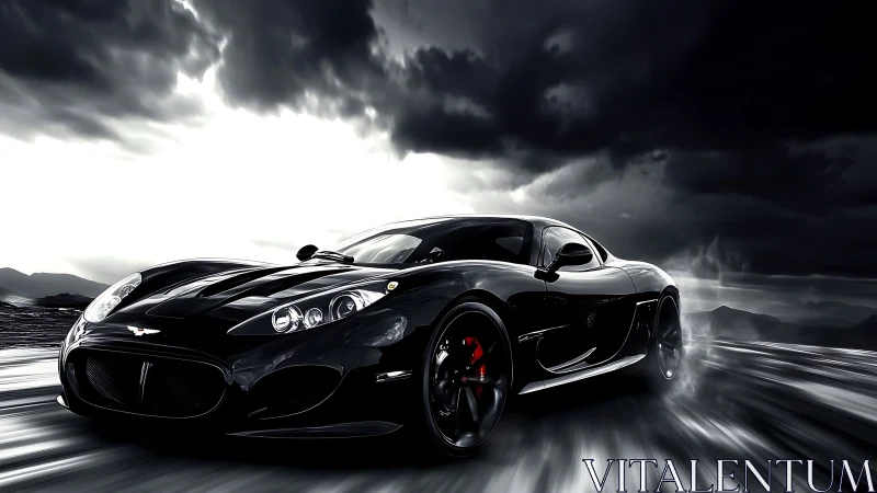 Midnight supercar slicing through a stormy mountain road.