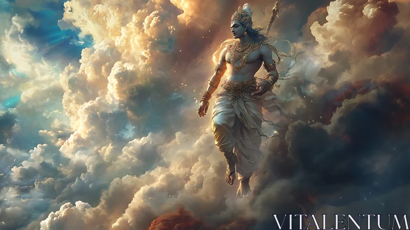 Radiant celestial warrior strides gently through glowing clouds