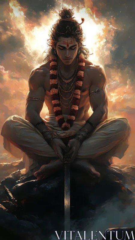 Warrior sage meditating with sword amid blazing clouds.