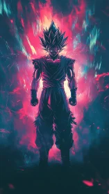 Powerful anime warrior silhouette in neon energy aura.