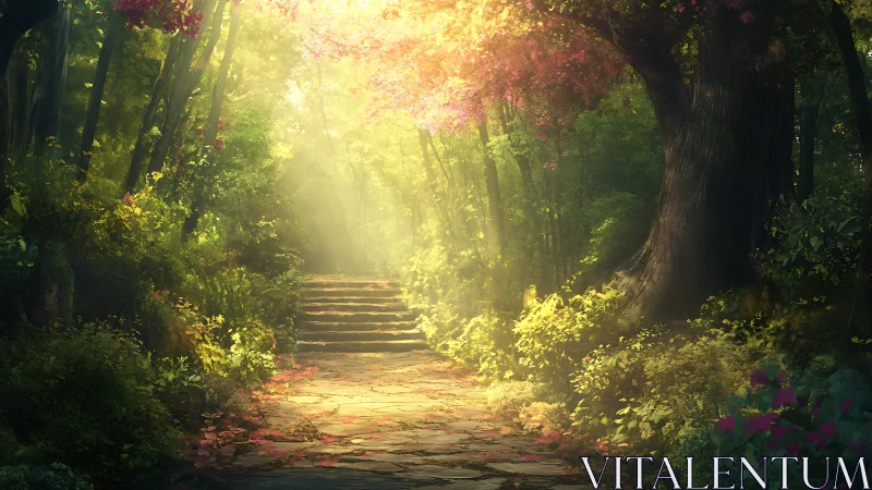 Golden Forest Pathway with Radiant Backlighting Through Dense Canopy