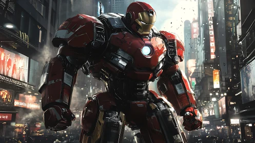 Heavily armored red mech suit in dense neon urban streetscape