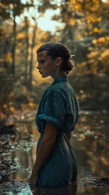 Solitary girl wades through forest creek in cinematic backlight