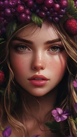 Young woman portrait framed by grapes, berries and flowers