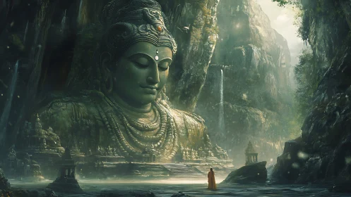 Colossal rock-carved deity and monk within misted canyon temple.