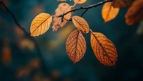 Golden autumn leaves shimmer with morning dew droplets.