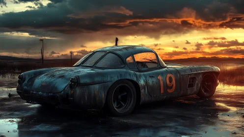 Weathered racing coup&eacute; under storm-tinted marshland sunset.