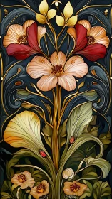 Art Nouveau botanical panel with stylized poppy florals