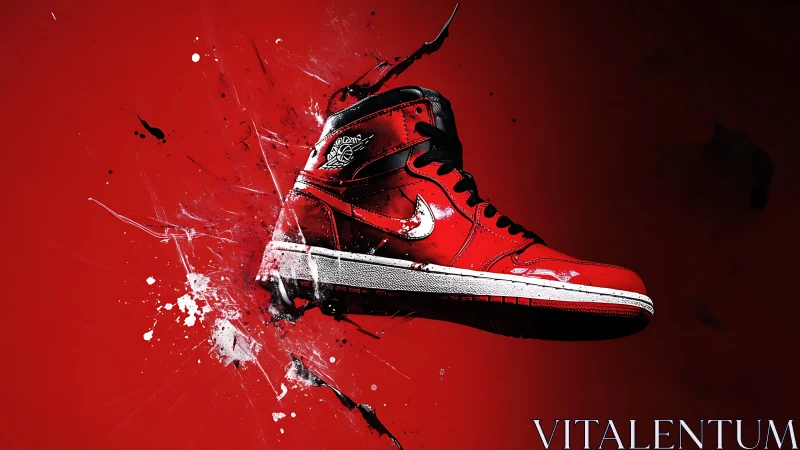 Red high-top sneaker frozen mid-air in bold paint splash.