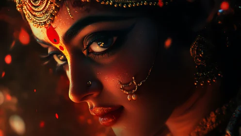 Ember-lit goddess gaze carves fire and gold from the dark