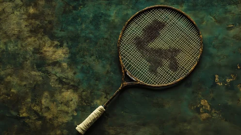 Vintage tennis racket rests on textured emerald backdrop.