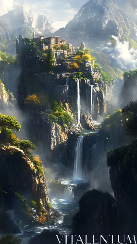 Terraced mountain citadel with tiered waterfalls and cliffs.