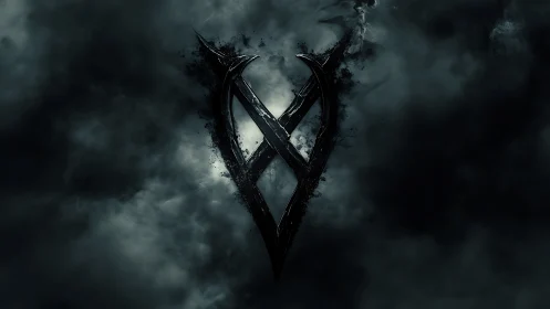 Dark metallic emblem emerging from dense swirling fog.