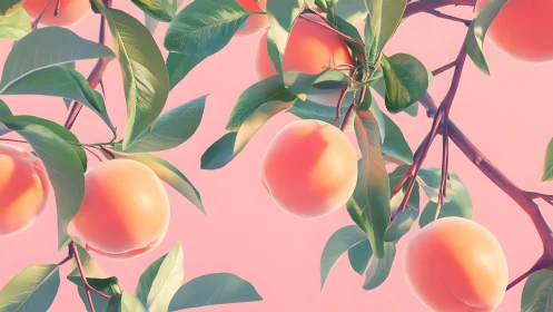 Ripe peaches on branches in soft pastel digital art style.