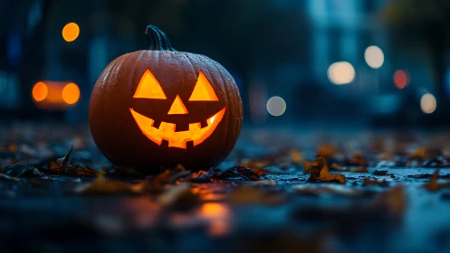 Rainlit jack-o-lantern glows over wet autumn street.