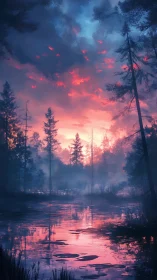 Dreamy forest lake glowing under a soft pink sunrise.