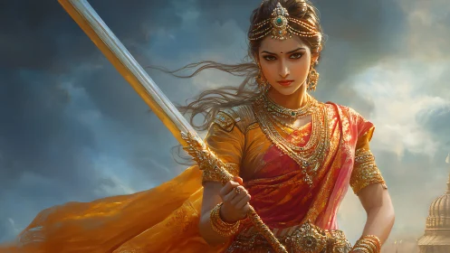 Warrior woman in ornate sari holding sword before cloudy sky.
