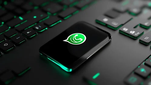 WhatsApp Icon Glowing on Smartphone Among Illuminated Keyboard.