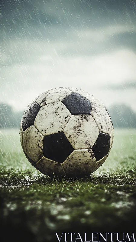 Weathered soccer ball on wet grass under dynamic rain.