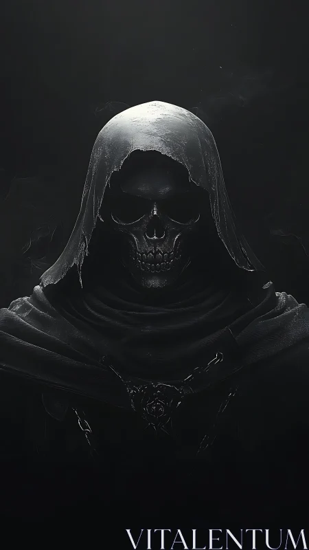 Hooded skeletal figure rendered in dark monochrome lighting