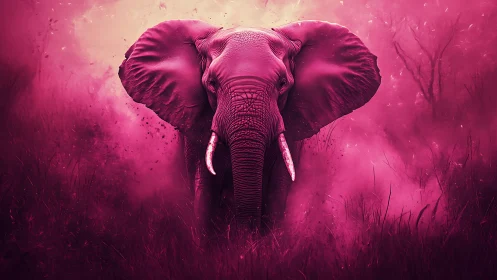 Pink-toned elephant in misty grassland frontal view.
